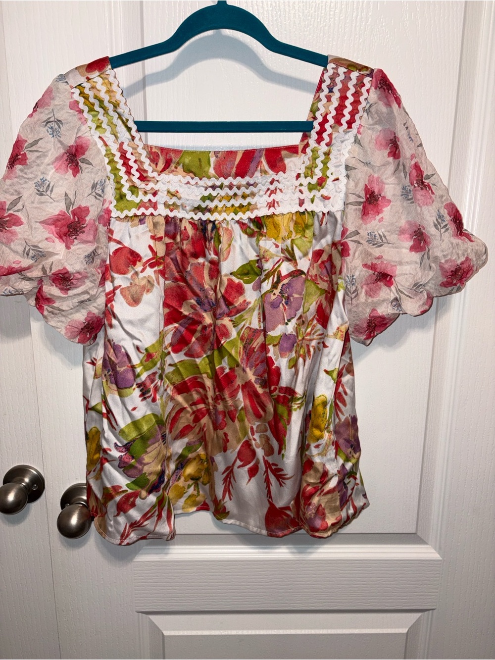 JODIFL Floral Square-Neck Puff Sleeve Blouse - White, Pink, Green, Purple